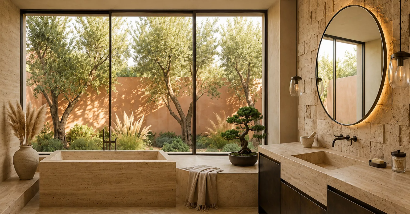 Baño de travertino con tina de piedra, ventanal a un jardín de olivos y tocador con espejo circular