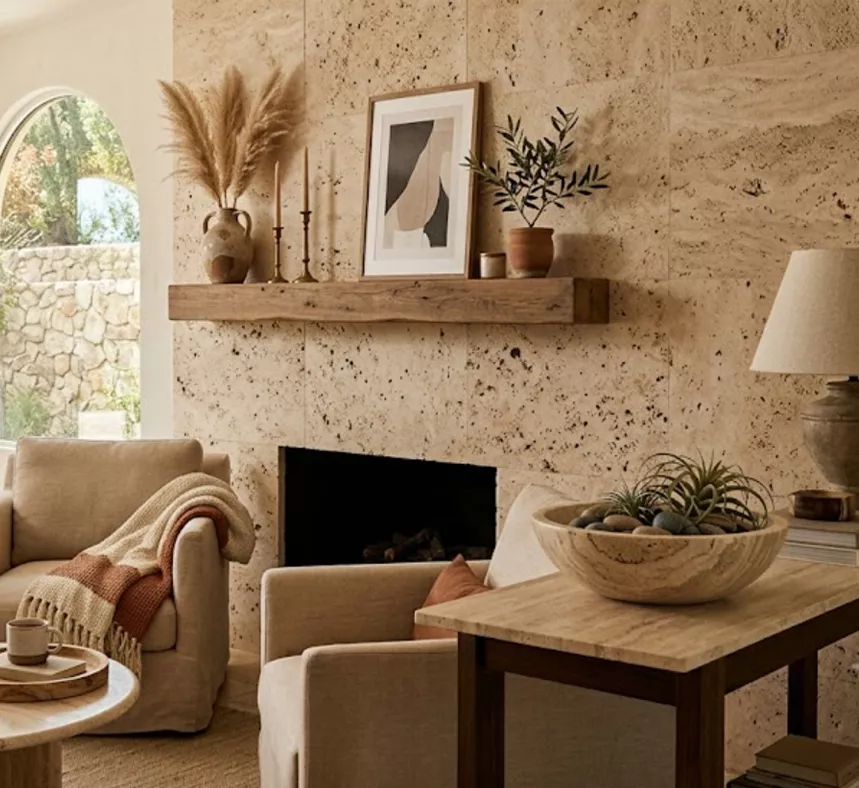 Sala de estar con muro de travertino, chimenea, repisa de madera y sillones beige