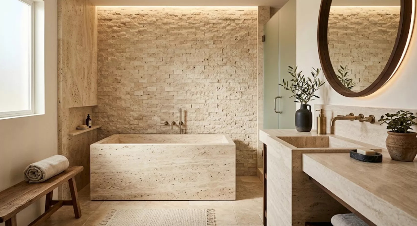 Baño con muro de travertino en despiece de tiras, tina exenta de piedra y espejo redondo retroiluminado