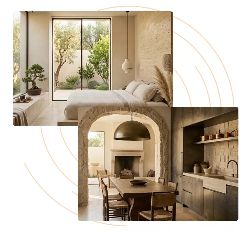 Recámara con vista a un jardín de olivos y cocina rústica con arco de piedra y chimenea